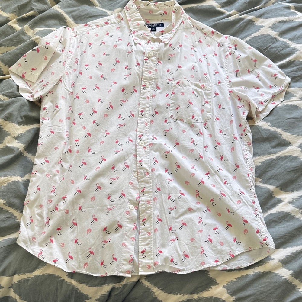 White Short-Sleeve Pink Flamingo Print Button-Up